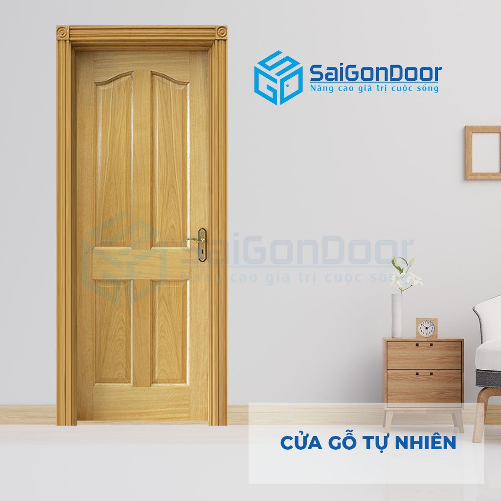 Cửa phòng ngủ gỗ sồi màu vàng nhạt khóa tay gạt Các loại cửa phòng ngủ