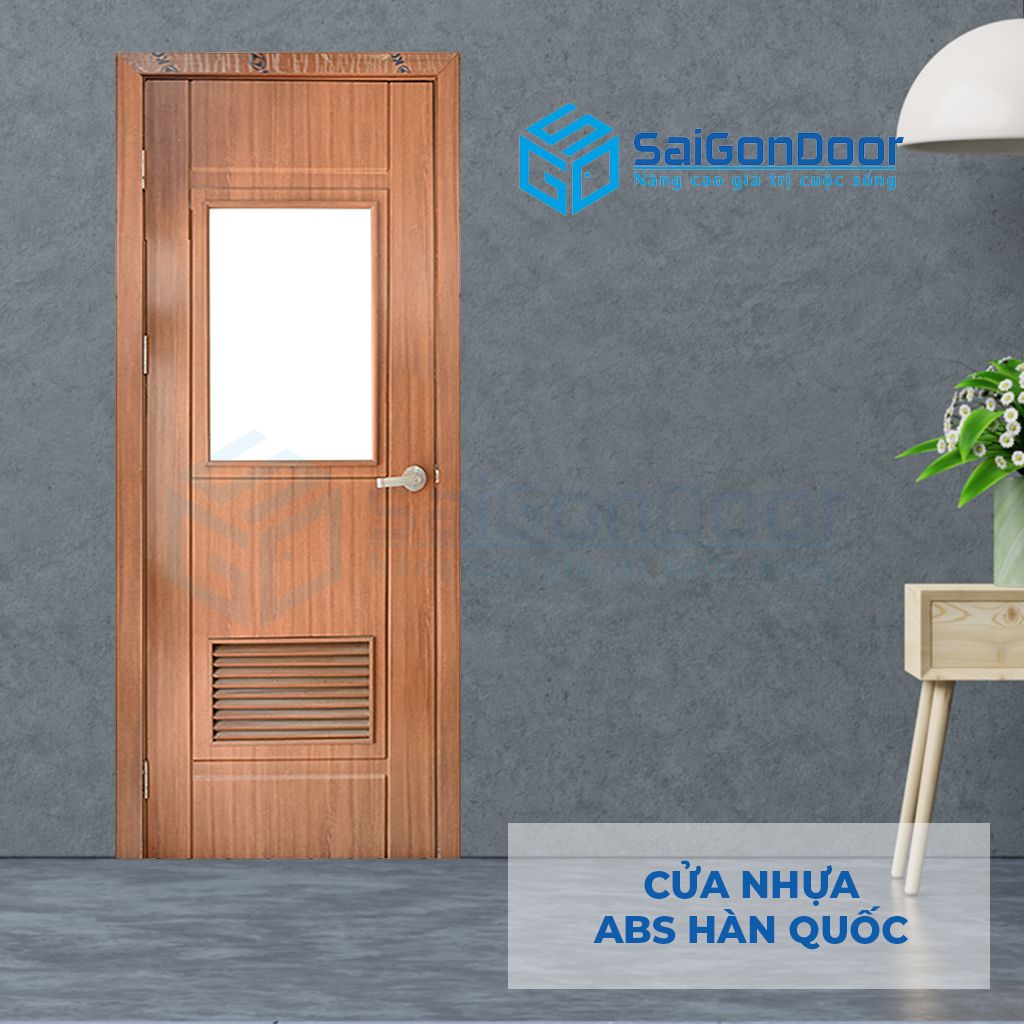 Mẫu cửa nhựa vân gỗ ABS KOS 203GL-W0901 Cửa nhựa vân gỗ fix ô kính, có ô thông thoáng