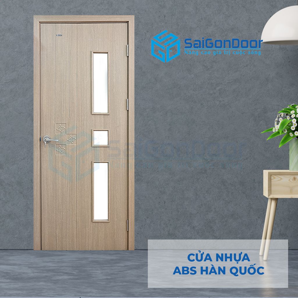 Mẫu cửa nhựa vân gỗ ABS KOS 206-MQ808 Cửa nhựa vân gỗ fix ô kính, có ô thông thoáng