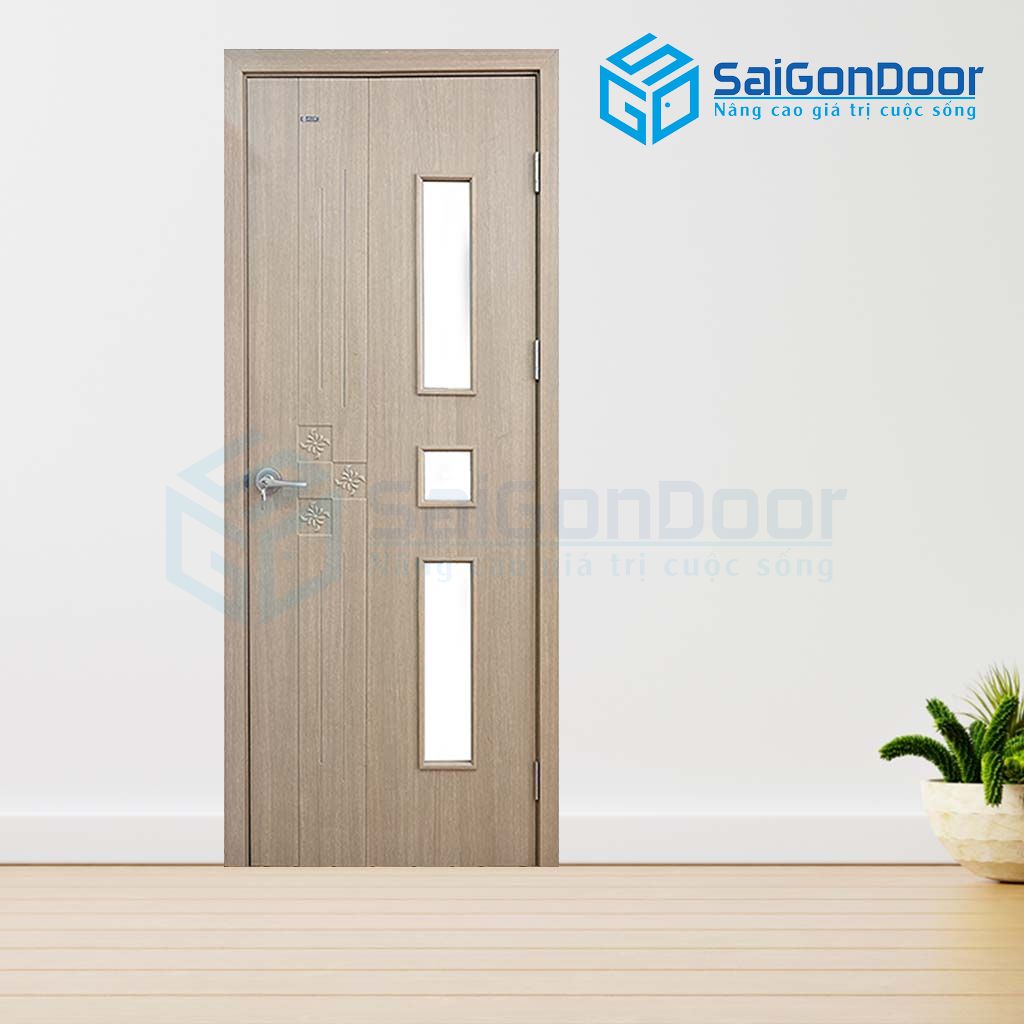Mẫu cửa phòng ngủ nhựa vân gỗ fix 3 ô kính mờ cửa phòng ngủ bằng nhựa giá rẻ