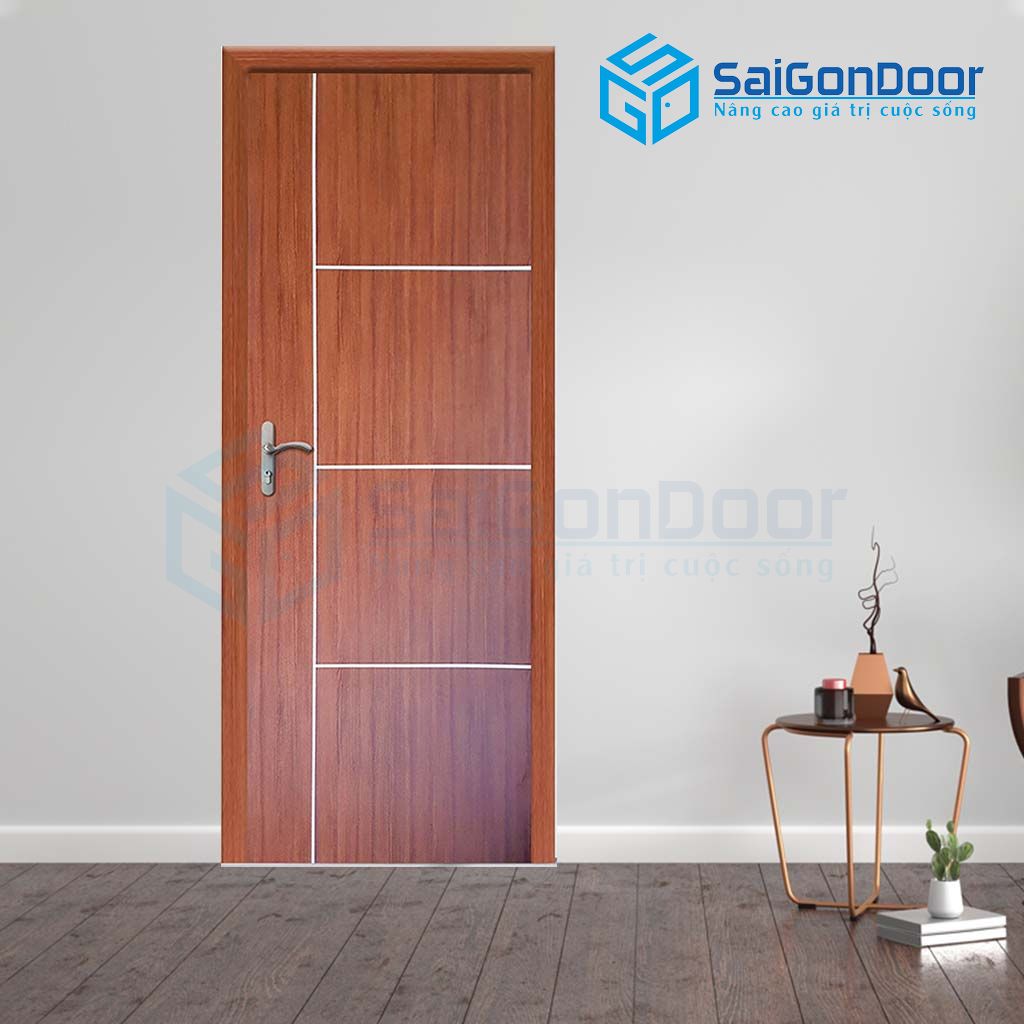 Mẫu cửa nhựa vân gỗ phòng ngủ màu nâu đỏ kẻ sơn trắng cửa phòng ngủ bằng nhựa giá rẻ