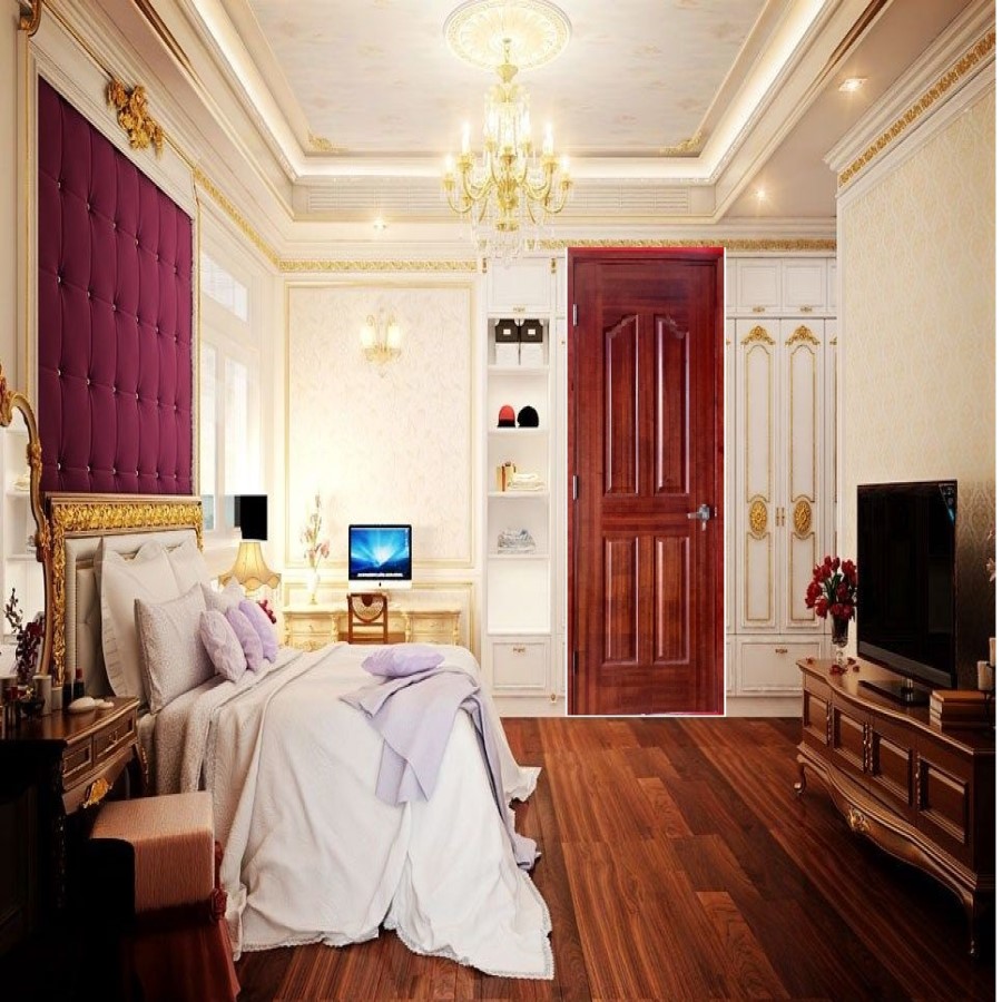 Cửa phòng ngủ MDF màu nâu gụ cánh pano đặc cửa phòng ngủ hdf