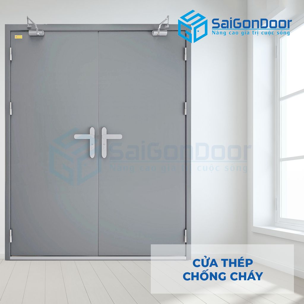 Cửa thép chống cháy 2 cánh sơn tĩnh điện màu ghi Cửa thép ngăn cháy