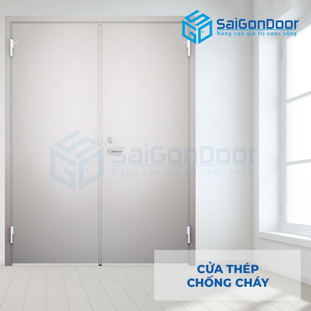 Cửa thép chống cháy màu trắng 2 cánh tay nắm gạt Cửa thép ngăn cháy