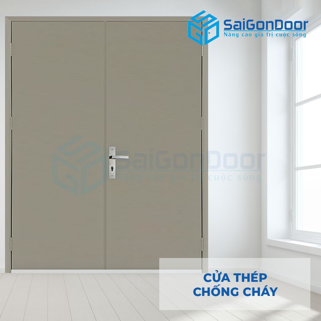 Cửa thép chống cháy 2 cánh màu xám khóa tay gạt Cửa thép ngăn cháy