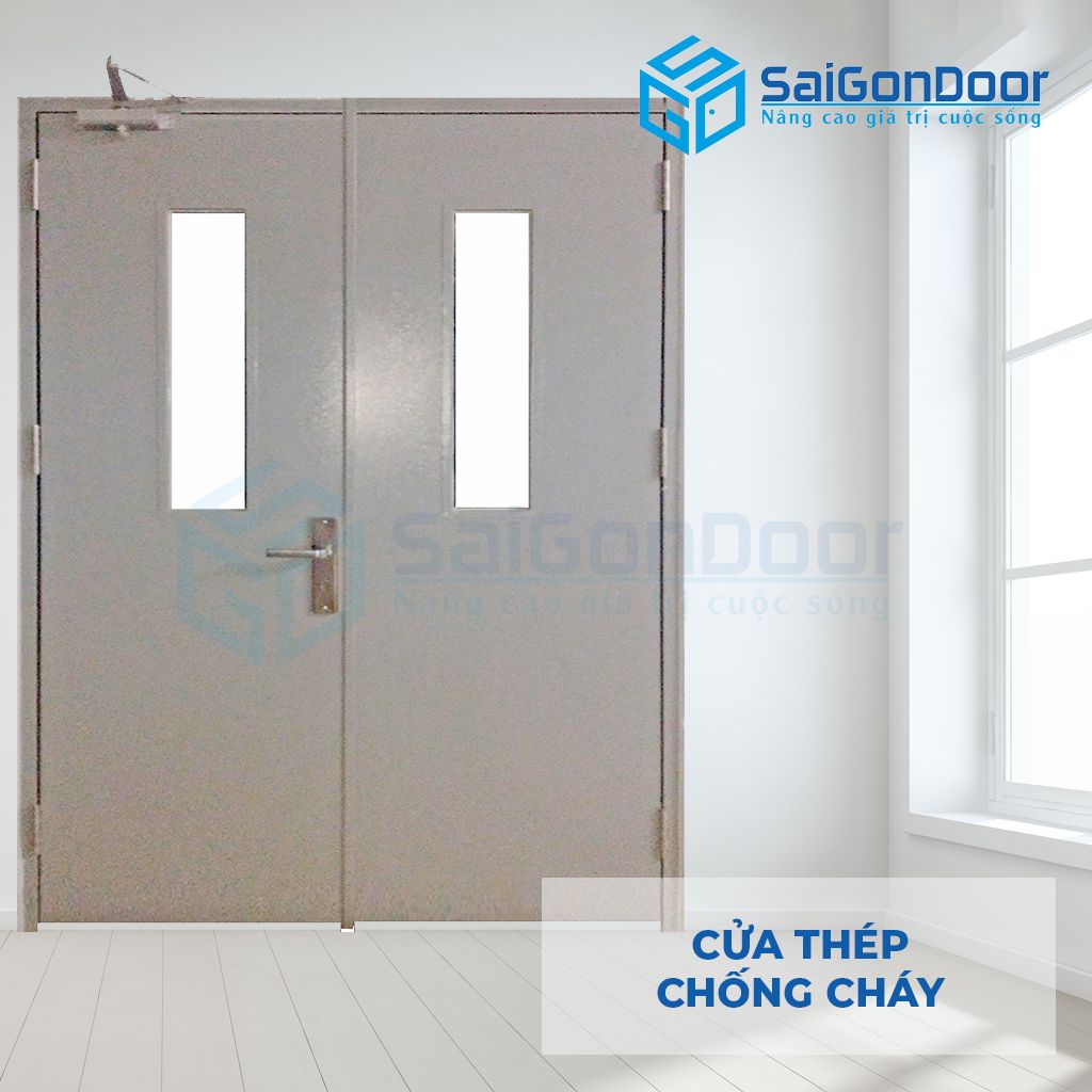 Mẫu cửa thép chống cháy màu ghi 2 cánh Cửa thép ngăn cháy