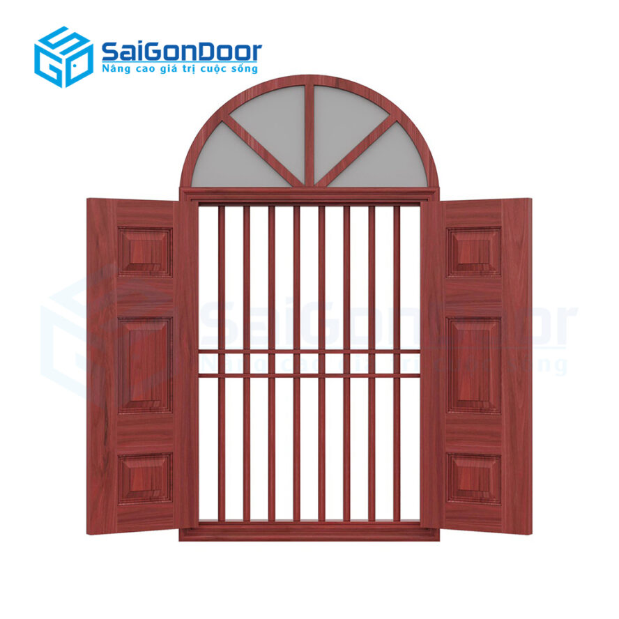 Cửa sổ vòm cánh gỗ kết hợp nan cửa bằng gỗ mẫu cửa vòm đẹp