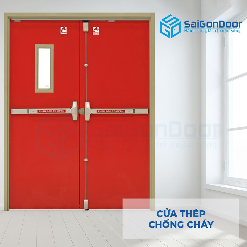 Cửa thép chống cháy 2P1G1 thanh thanh thoát hiểm đôi Cửa thép chống cháy 2P1G1 thanh thanh thoát hiểm đôi
