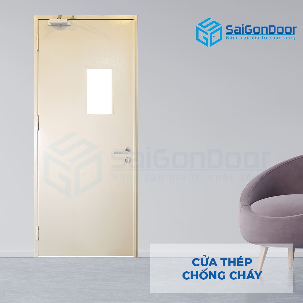 Cửa thép chống cháy 1 cánh có kính cường lực Cửa thép chống cháy 1 cánh có kính cường lực