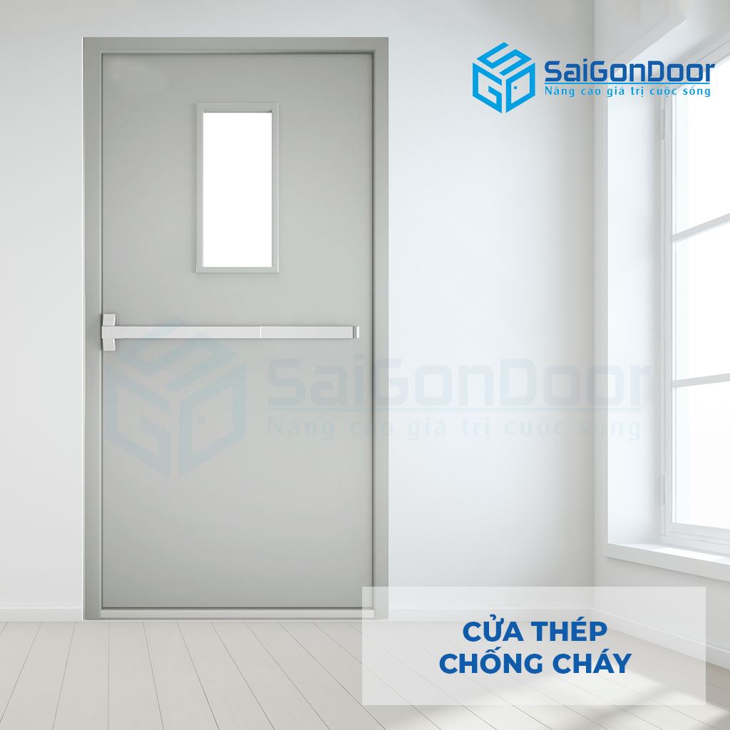 Cửa thép chống cháy 1 ô kính và thanh thoát hiểm Cửa thép chống cháy 1 ô kính và thanh thoát hiểm