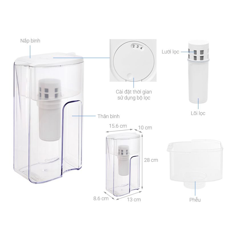 Kích thước bình lọc nước cầm tay Cleansui EJ103 Kích thước bình lọc nước cầm tay Cleansui EJ103
