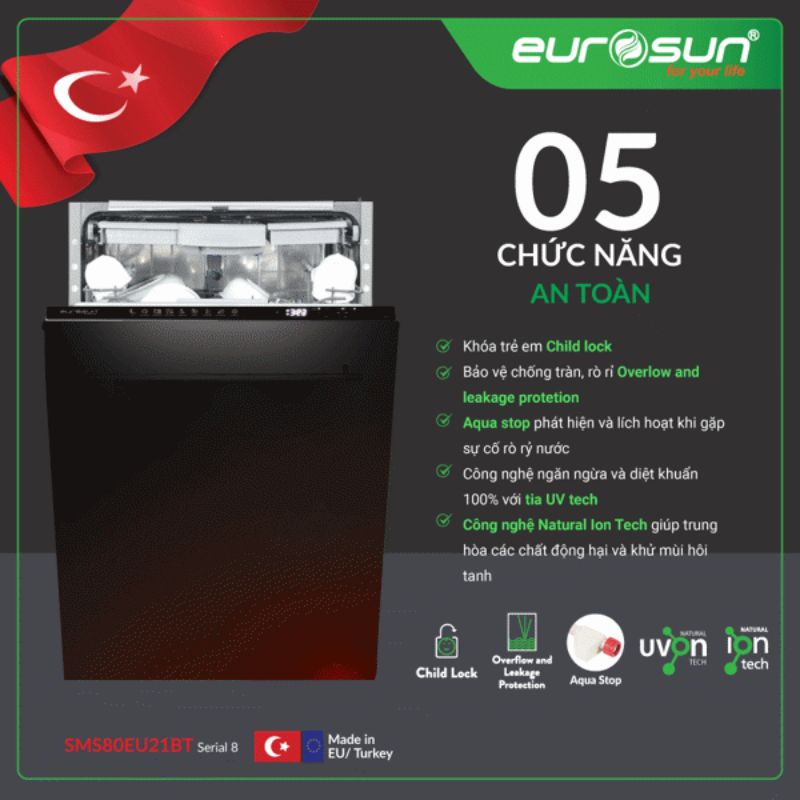 Máy rửa bát Eurosun SMS80EU21BT Máy rửa bát Eurosun SMS80EU21BT