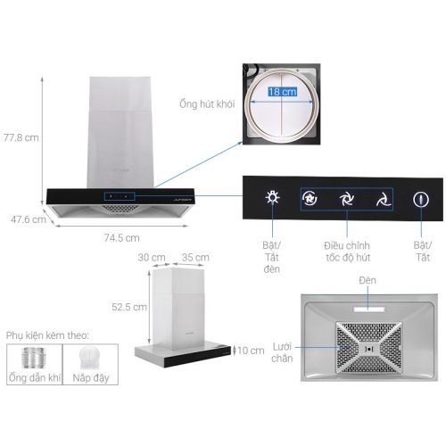 Máy hút mùi âm tủ Junger HRJ-75 7 Kích thước máy hút mùi âm tủ Junger HRJ-75