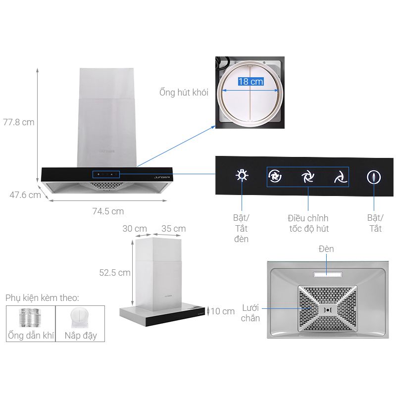 Kích thước máy hút mùi âm tủ Junger HRJ-75 Kích thước máy hút mùi âm tủ Junger HRJ-75