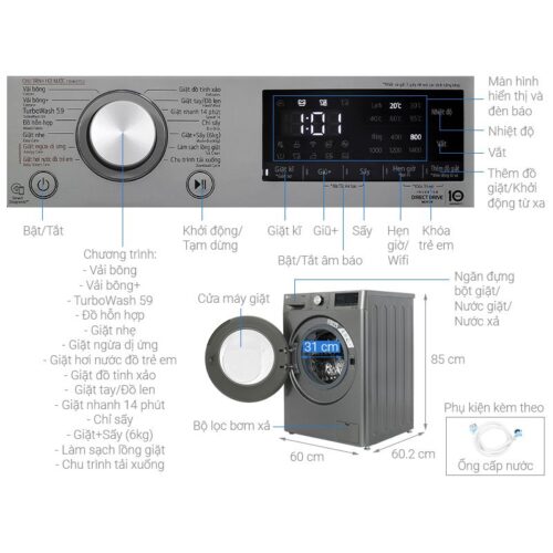 Máy giặt sấy LG Inverter giặt 10 kg - sấy 6 kg FV1410D4M1 6 kich thuoc may giat say lg ai dd inverter giat 10 kg say 6 kg fv1410d4p 1