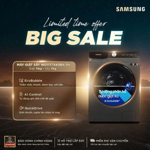 Máy Giặt Sấy Samsung Inverter AI Giặt 11 Kg - Sấy 7 Kg WD11T734DBX/SV