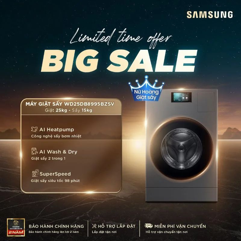 Máy Giặt Sấy Samsung Inverter Giặt 25 Kg - Sấy 15 kg WD25DB8995BZSV Máy Giặt Sấy Samsung Inverter Giặt 25 Kg - Sấy 15 kg WD25DB8995BZSV