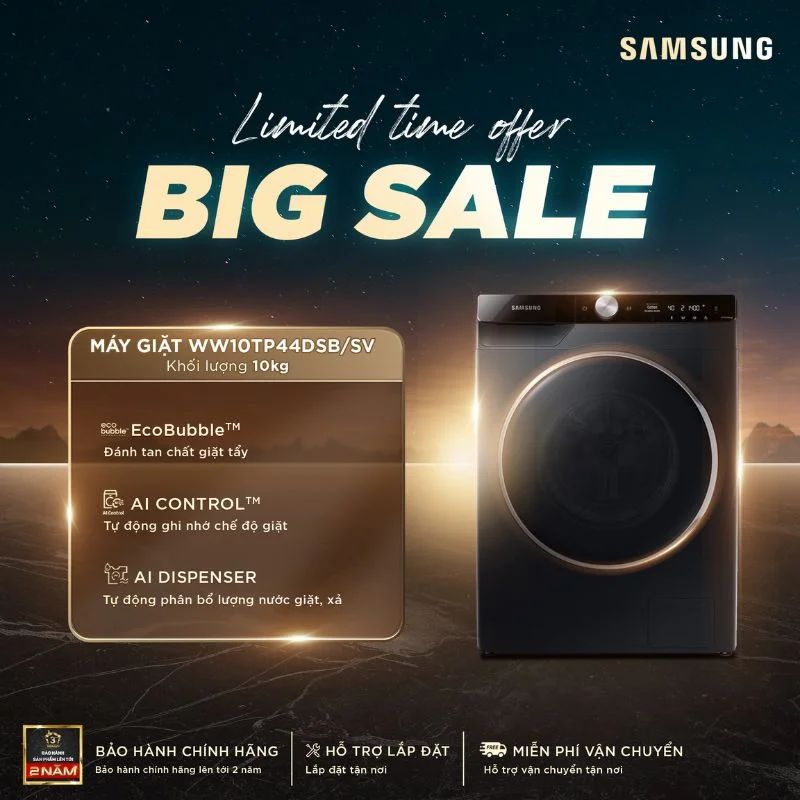 Máy Giặt Samsung Inverter AI 10 Kg WW10TP44DSB/SV cửa trước Máy Giặt Samsung Inverter AI 10 Kg WW10TP44DSB/SV cửa trước