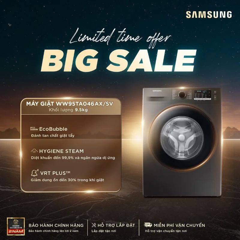 Máy Giặt Samsung Inverter 9.5 Kg WW95TA046AX/SV cửa trước Máy Giặt Samsung Inverter 9.5 Kg WW95TA046AX/SV cửa trước