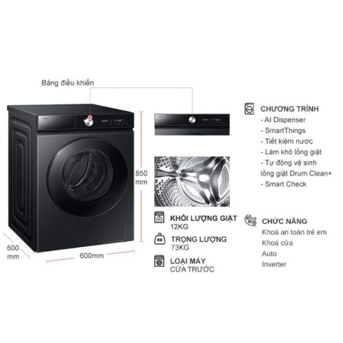 Máy Giặt Samsung Inverter 12 Kg WW12CB944DGBSV cửa trước 6 kich thuoc may giat samsung inverter 12 kg ww12cb944dgbsv cua truoc