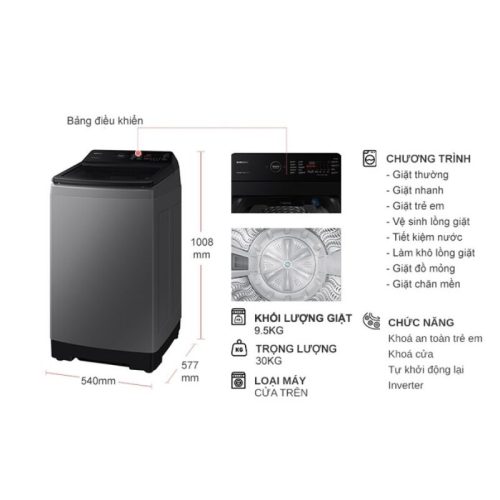 Máy Giặt Samsung Inverter 9.5 kg WA95CG4545BDSV cửa trên 5 kich thuoc may giat samsung inverter 9 5 kg wa95cg4545bdsv cua tren