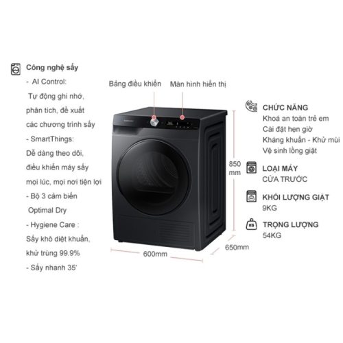 Máy Sấy Bơm Nhiệt Samsung AI Inverter 9 Kg DV90T7240BB/SV 5 kich thuoc may say bom nhiet samsung ai inverter 9 kg dv90t7240bb sv