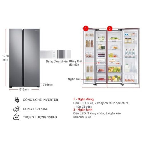 kich thuoc tu lanh 2 canh side by side inverter 680 lit samsung rs62r5001m9 sv