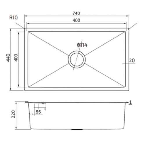 Kích thước chậu rửa inox TEKA BEX LINEA 70.40 185010001
