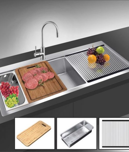 Chậu rửa bát đôi Dudoff SPOT MM2L (Thớt gỗ+rổ inox+khay cuộn) 3 dudoff spot mm2l full 1