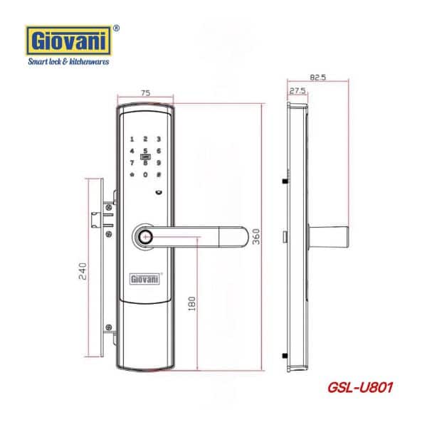 Kích thước của Khóa điện tử thông minh Giovani GSL-U801G Kích thước của Khóa điện tử thông minh Giovani GSL-U801G