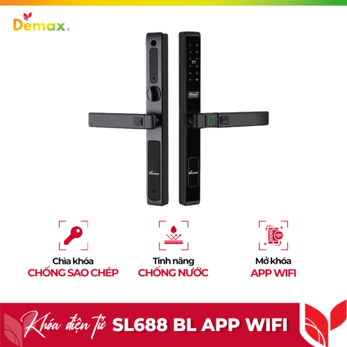 Khóa cửa điện tử chống nước Demax SL688 BL App Wifi