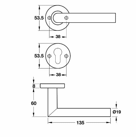 Kích thước của Tay nắm gạt cửa vệ sinh Hafele 903.93.558 Kích thước của Tay nắm gạt cửa vệ sinh Hafele 903.93.558