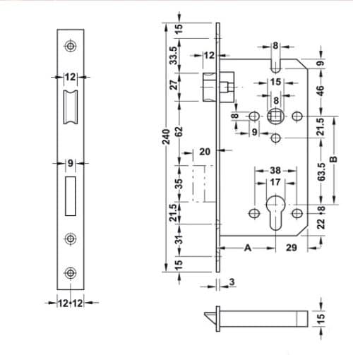 Thân khóa lưỡi gà chốt chết C/C 85mm Hafele 911.02.069 3 Kích thước của Thân khóa lưỡi gà chốt chết C/C 85mm Hafele 911.02.069