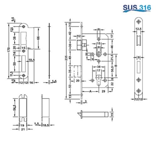 Thân khóa lưỡi gà chốt chết Inox 316 Hafele 911.25.402 3 Kích thước của Thân khóa lưỡi gà chốt chết Inox 316 Hafele 911.25.402