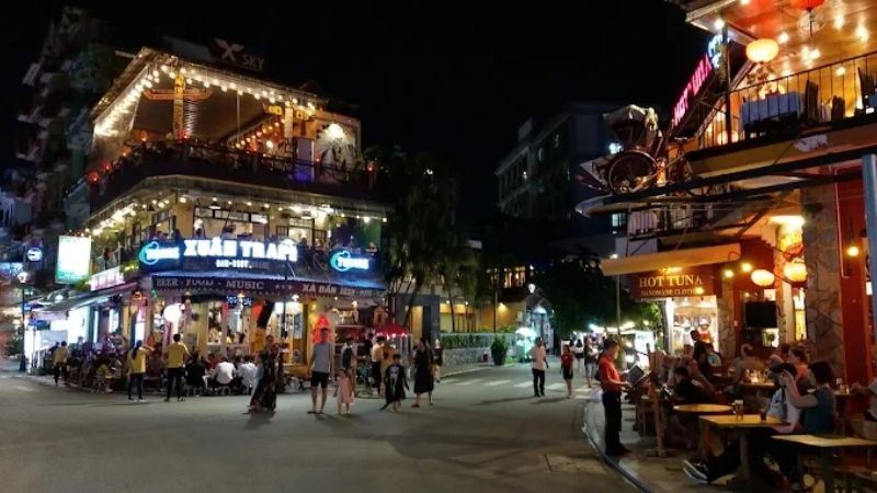 Phu Hoi walking street area with hotels, restaurants, and night market in Hue Vietnam