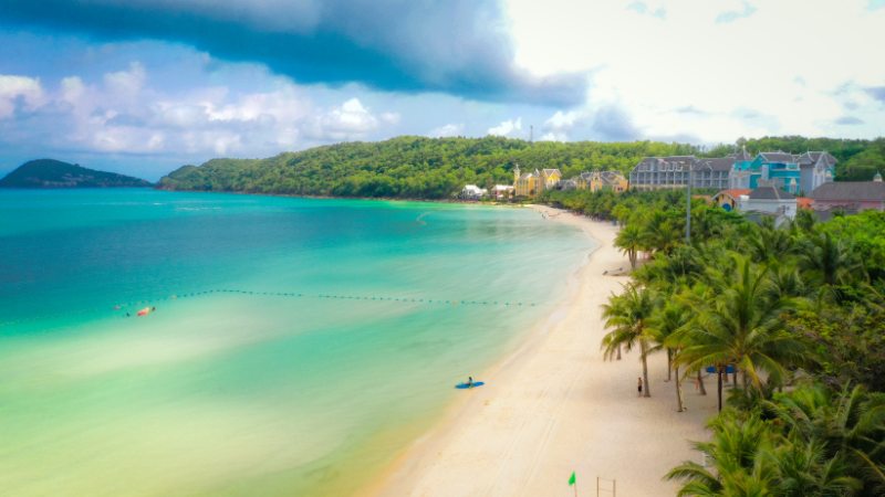 Best time to visit Vietnam Phu Quoc – aerial view of turquoise beach and palm trees
