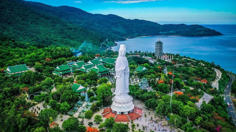 Lady Buddha statue at Linh Ung Pagoda on Son Tra Peninsula overlooking the sea in Da Nang Vietnam
