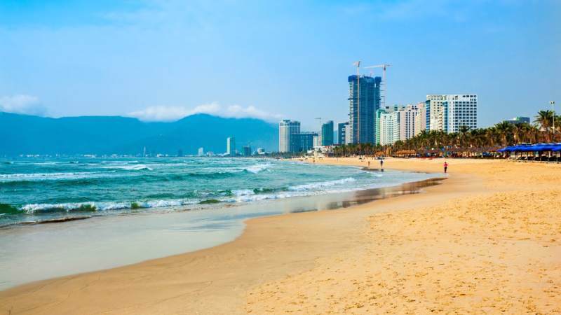 My Khe Beach in Da Nang with white sand and turquoise water, a top Da Nang Vietnam attraction for beach lovers