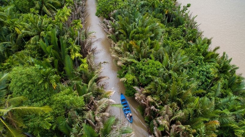 Peaceful canals and coconut trees in Ben Tre, a highlight of Ho Chi Minh to Mekong Delta tours