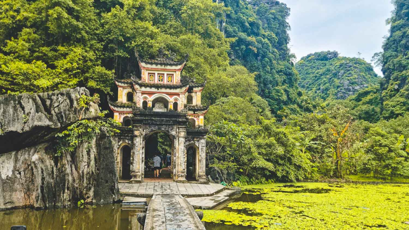 Bich Dong Pagoda built into limestone mountains on a Ninh Binh day trip