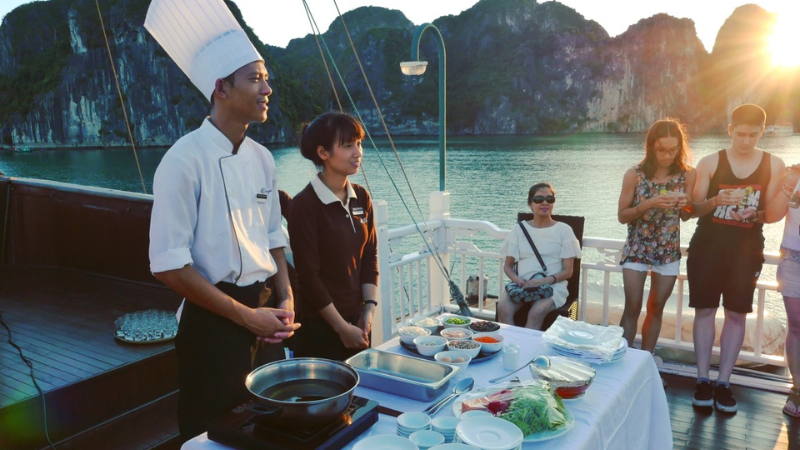 Cooking class experience during a Halong Bay cruise overnight in Vietnam