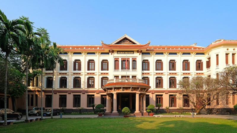 Exterior of the Fine Arts Museum Hanoi with yellow French-style architecture