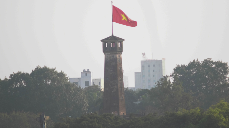 Old black-and-white photo of the Hanoi Flag Tower during earlier historical periods