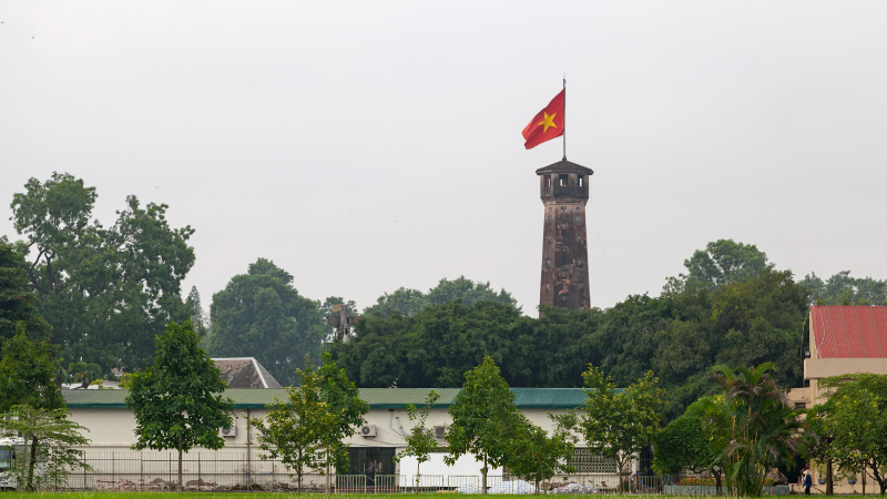 Hanoi Flag Tower seen from the courtyard of the Vietnam Military History Museum