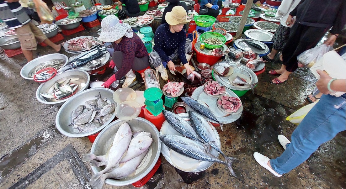 Xom Moi Market photos showcase vibrant stalls filled with seafood 1