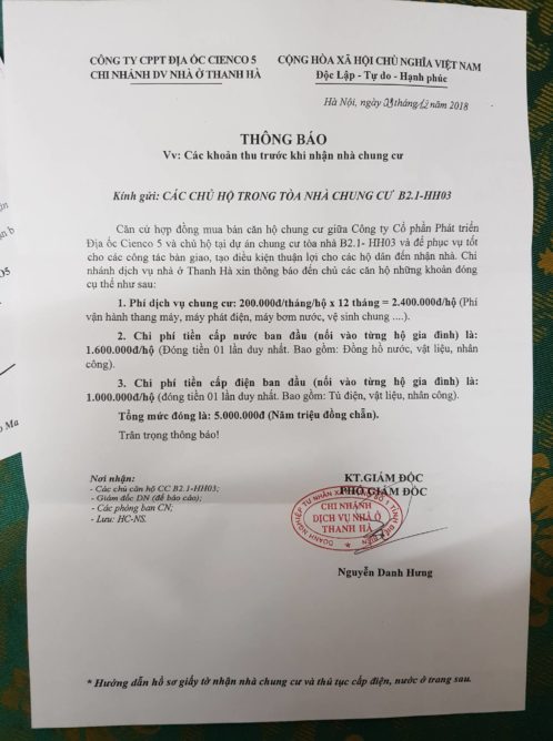 Thông báo đóng tiền đợt 5 và lịch nhận nhà chung cư B2.1-HH03 2 Các Khoản Phải Đóng Trước Khi Nhận Nhà