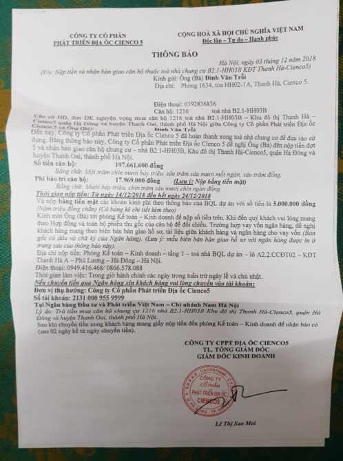 Thông báo đóng tiền đợt 5 và lịch nhận nhà chung cư B2.1-HH03 1 Thông Báo Nộp Tiền Và Bàn Giao Căn Hộ