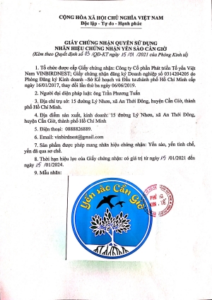 Tiêu chuẩn chất lượng 4 Chung nhan nhan hieu Yen sao Can gio 2