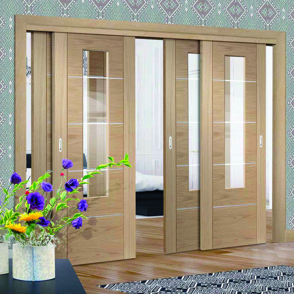 Cửa gỗ lùa 4 cánh ốp ô kính thông thoáng, hiện đại