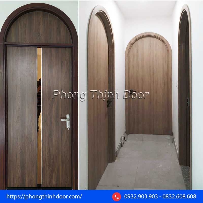 Mẫu cửa uốn vòm gỗ công nghiệp sang trọng, thể hiện sự đẳng cấp của gia chủ